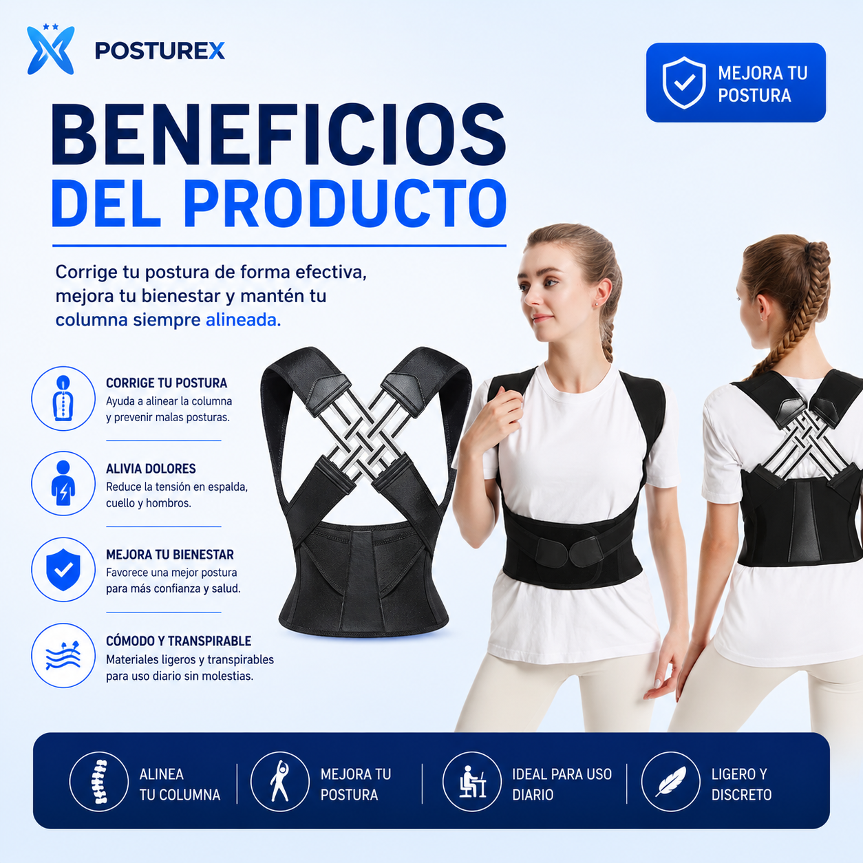 Corrector de Postura Ajustable, Soporte de Espalda y Hombros